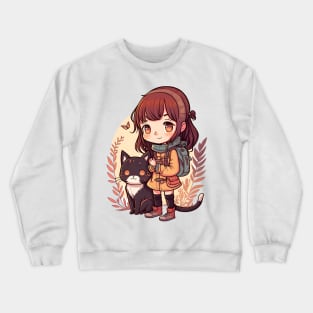 Cute Girl & Cat Kawaii Anime Black Cat Lovers Crewneck Sweatshirt